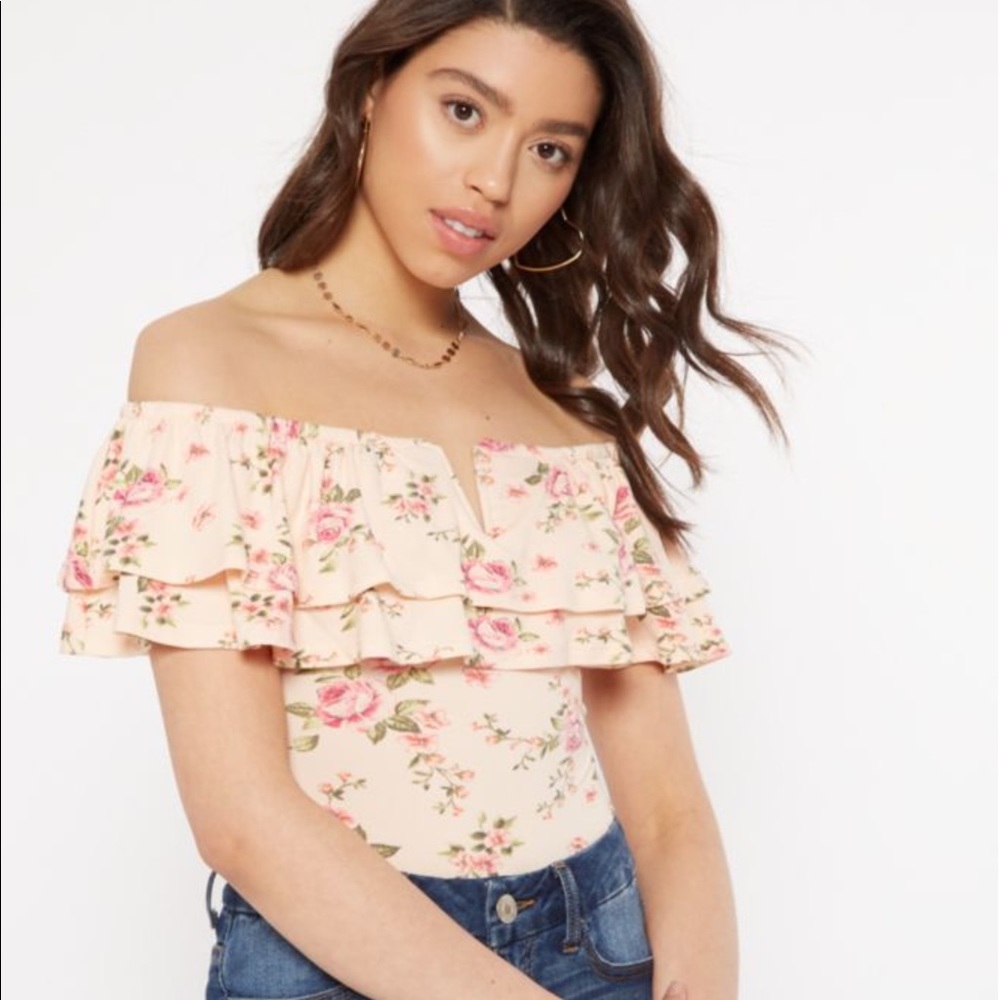 Rue 21 Off The Shoulder Pink Floral Bodysuit